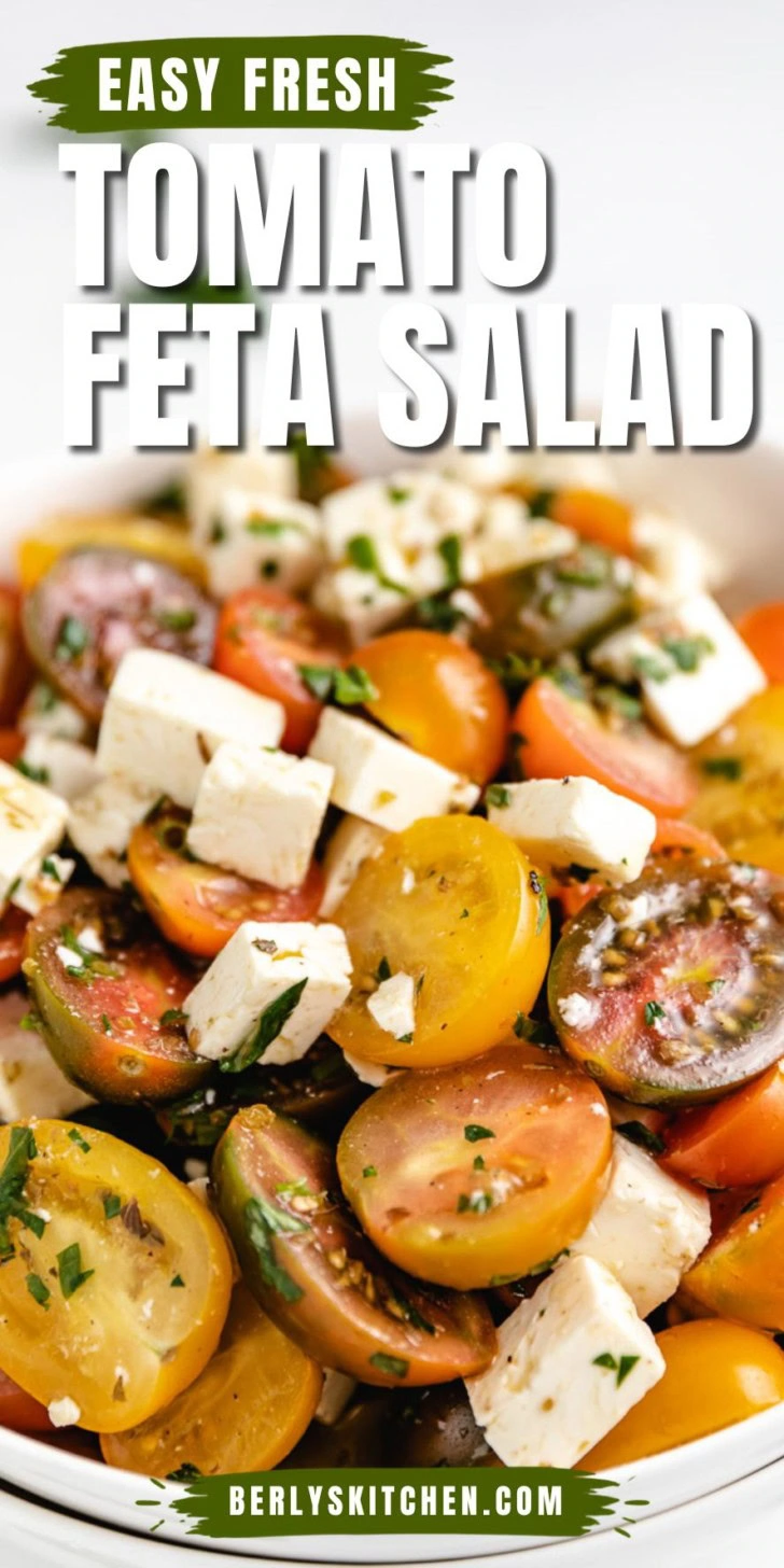 Close up view of tomato salad with feta cheese.