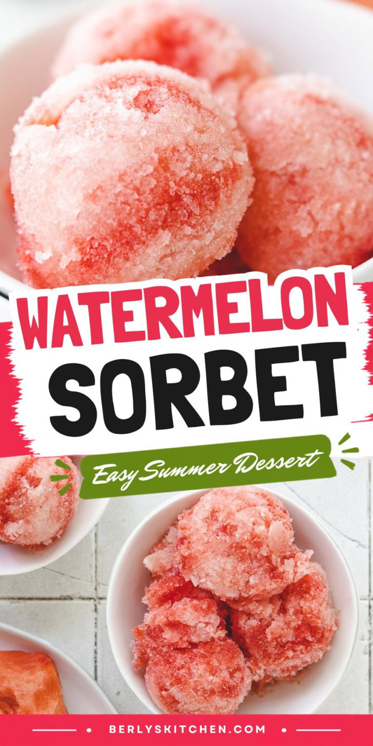 Collage showing two photos of homemade watermelon sorbet.