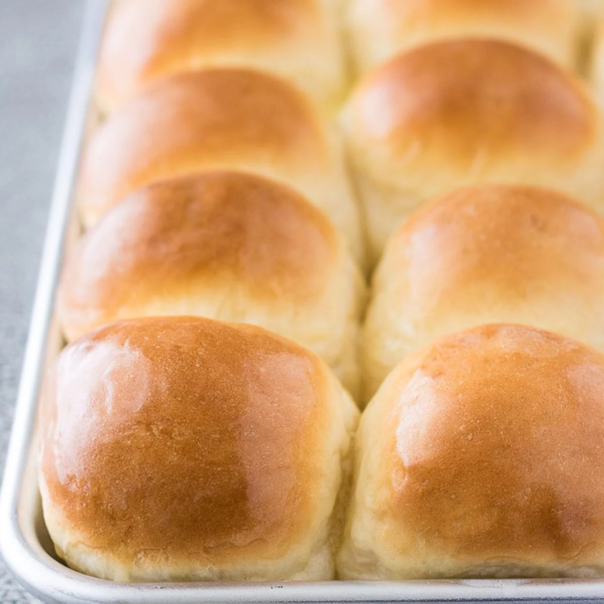 Golden brown yeast rolls on a plate.