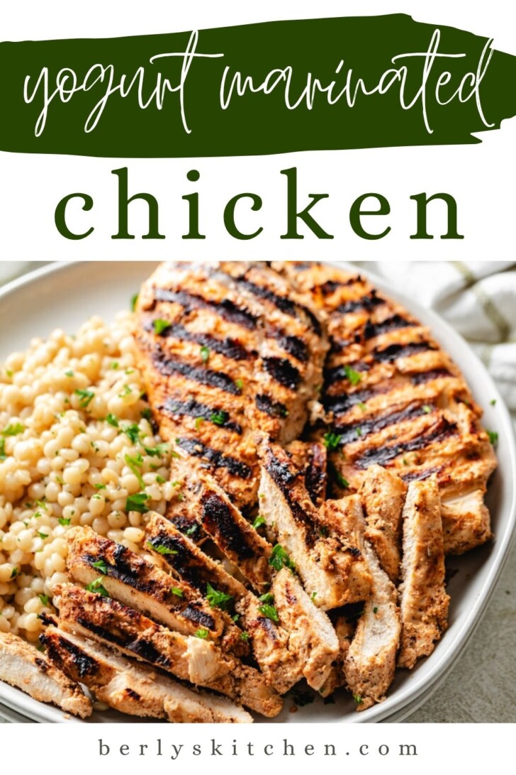 Yogurt marinated chicken topped with fresh parsley.