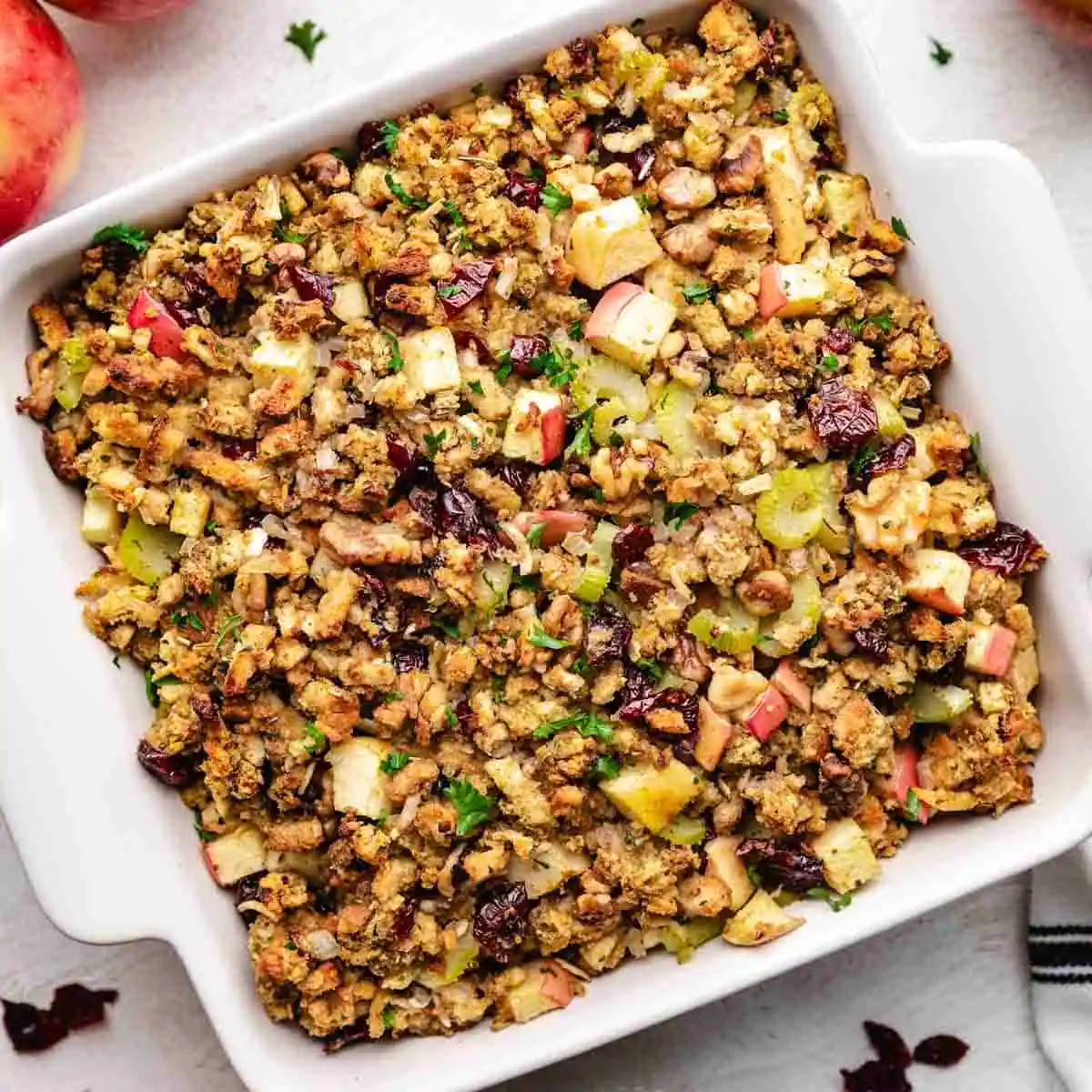 Overhead view of cranberry apple stuffing.