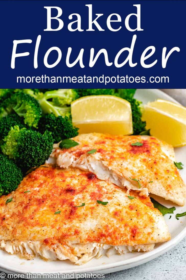 Baked flounder next to lemon wedges on a plate.