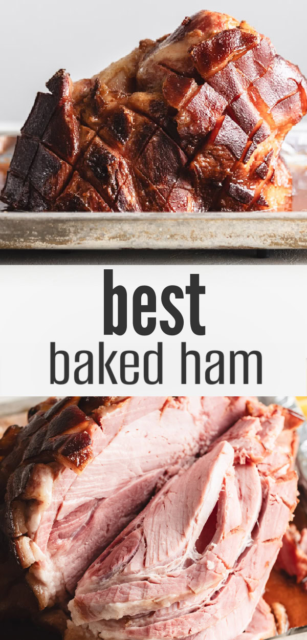 Collage showing two photos of a baked ham.