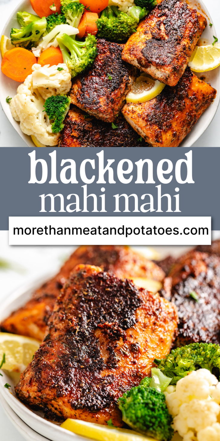 Collage showing two photos of blackened mahi mahi.