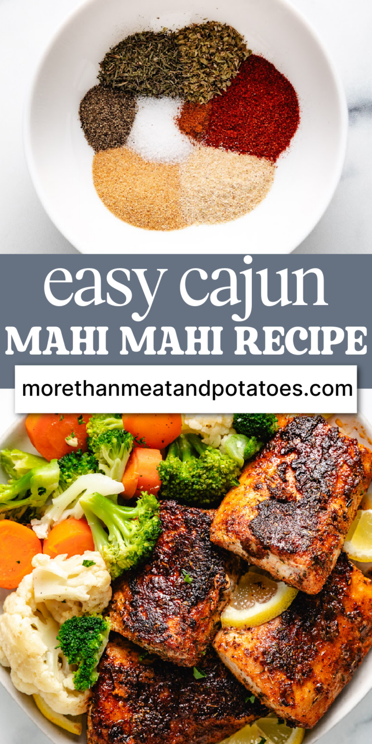 Collage showing seasonings for blackened seasoning and an overhead view of blackened mahi mahi.