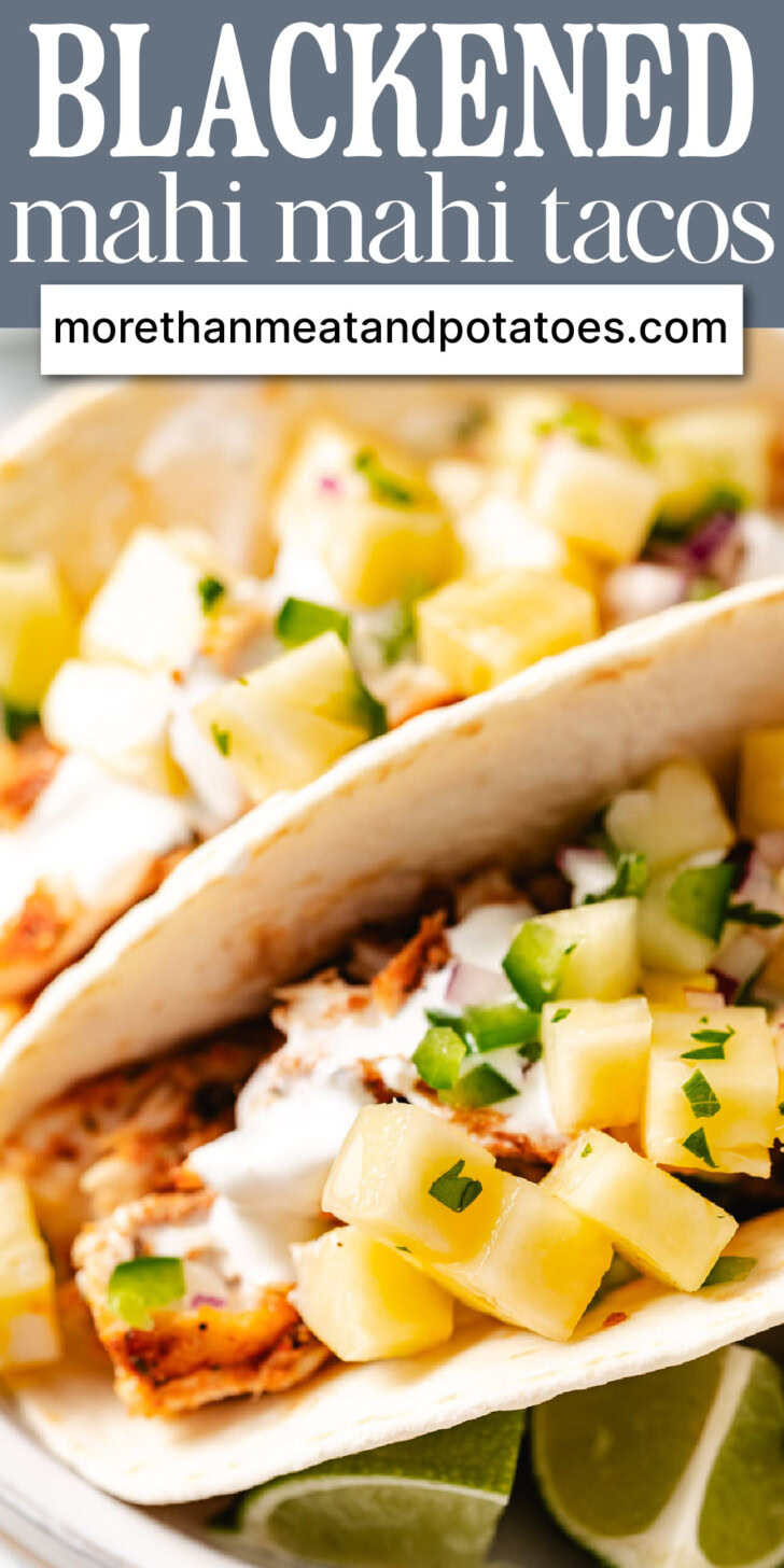 Close up view of blackened mahi mahi tacos.