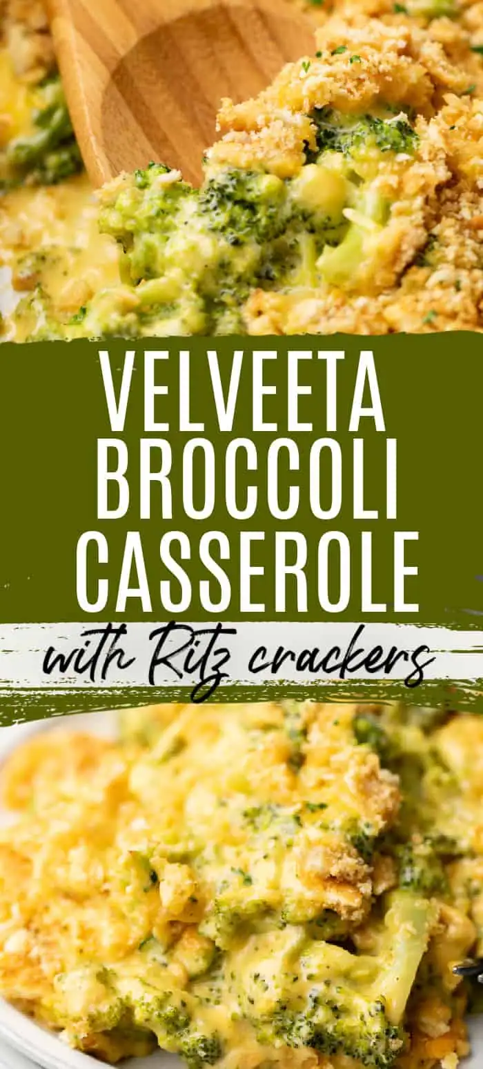 Collage showing two photos of broccoli cheese casserole topped with Ritz crackers.