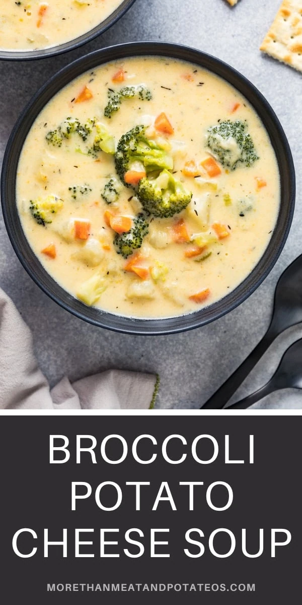 Overhead view of a bowl of broccoli potato cheese soup.