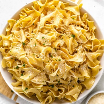 Overhead view of butter parmesan noodles.