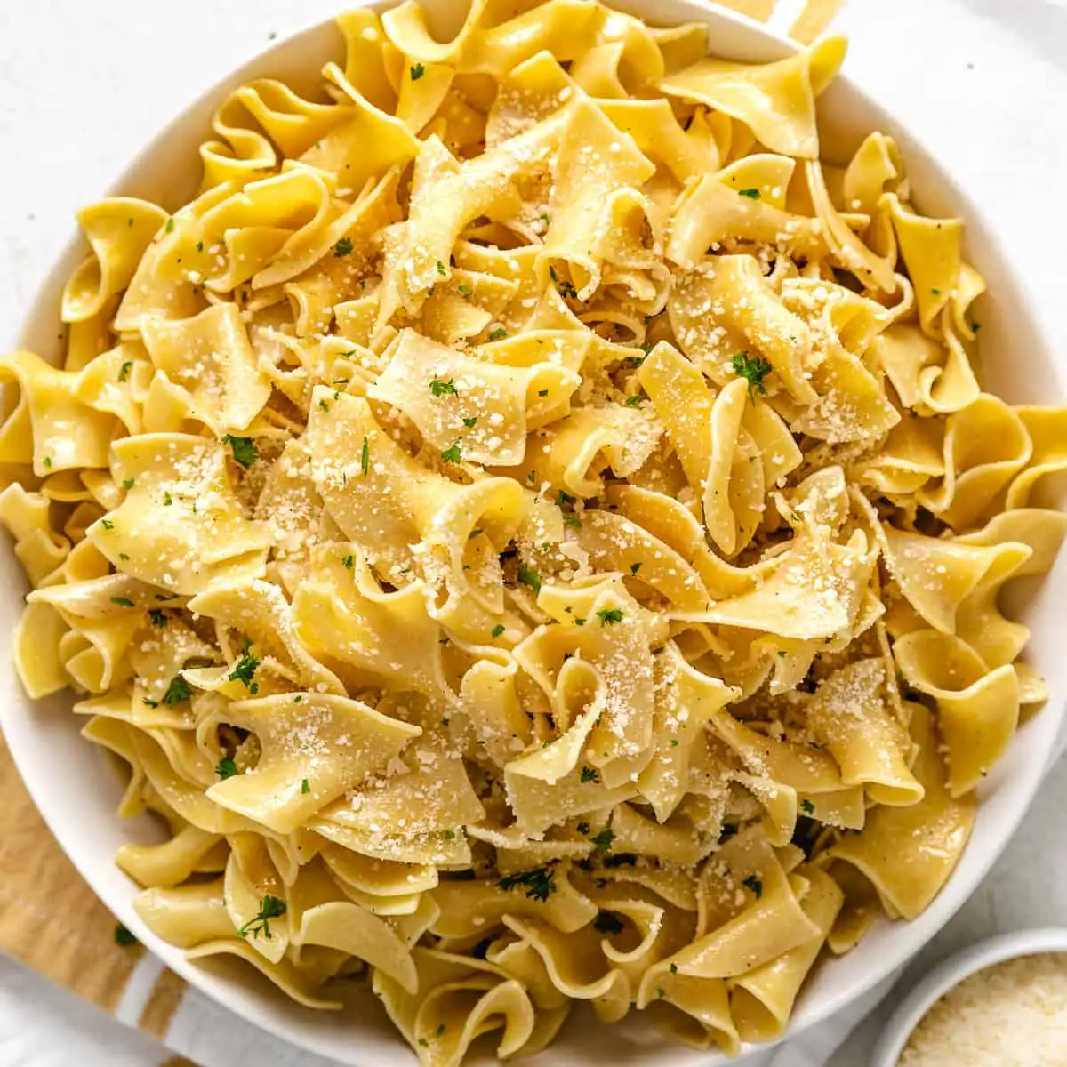Overhead view of butter parmesan noodles.