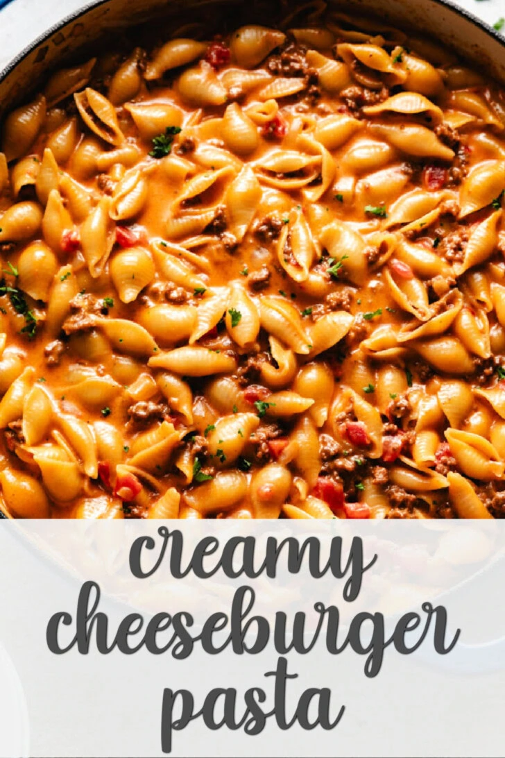 Close up view of a pan of cheeseburger pasta.