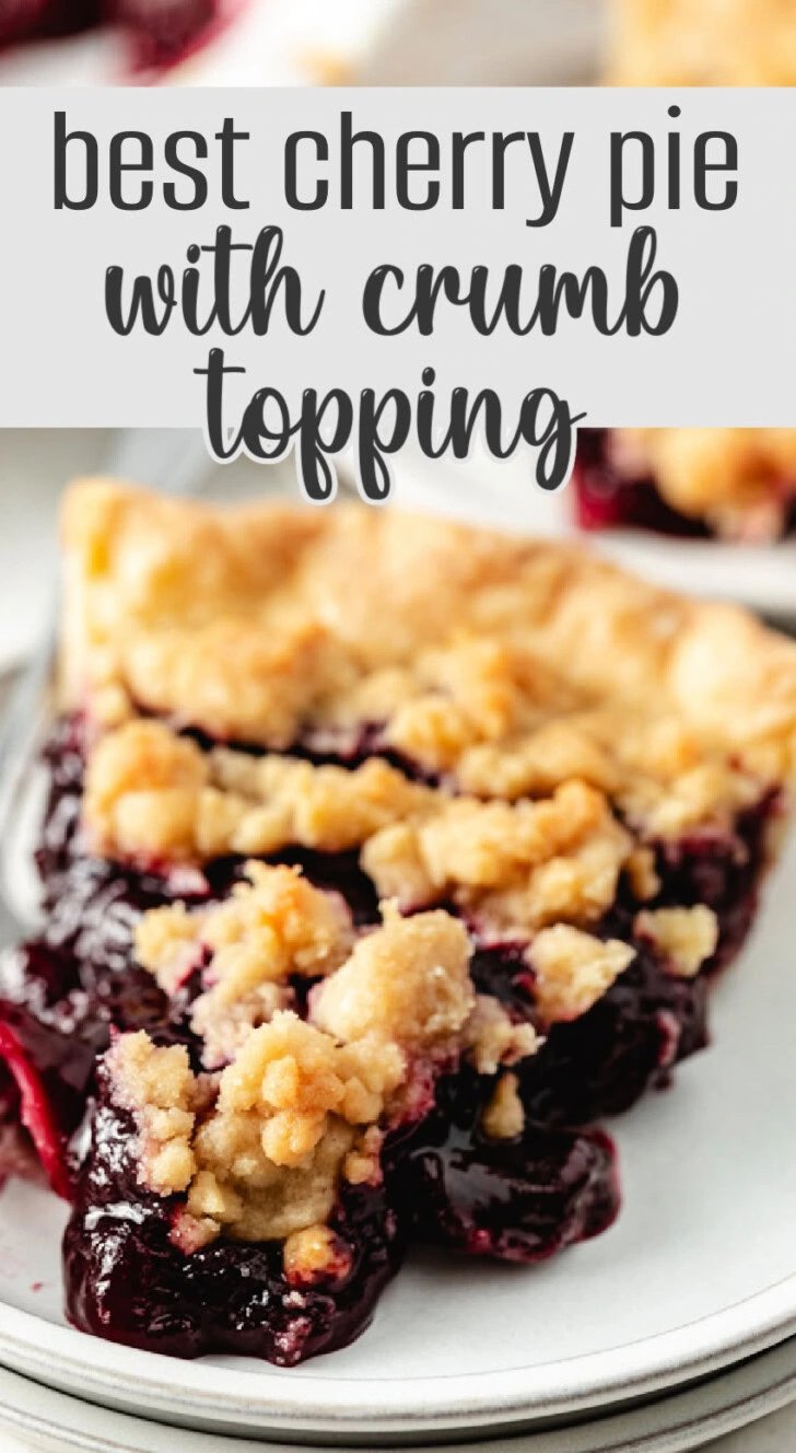 Close up view of a piece of cherry pie on a gray plate.
