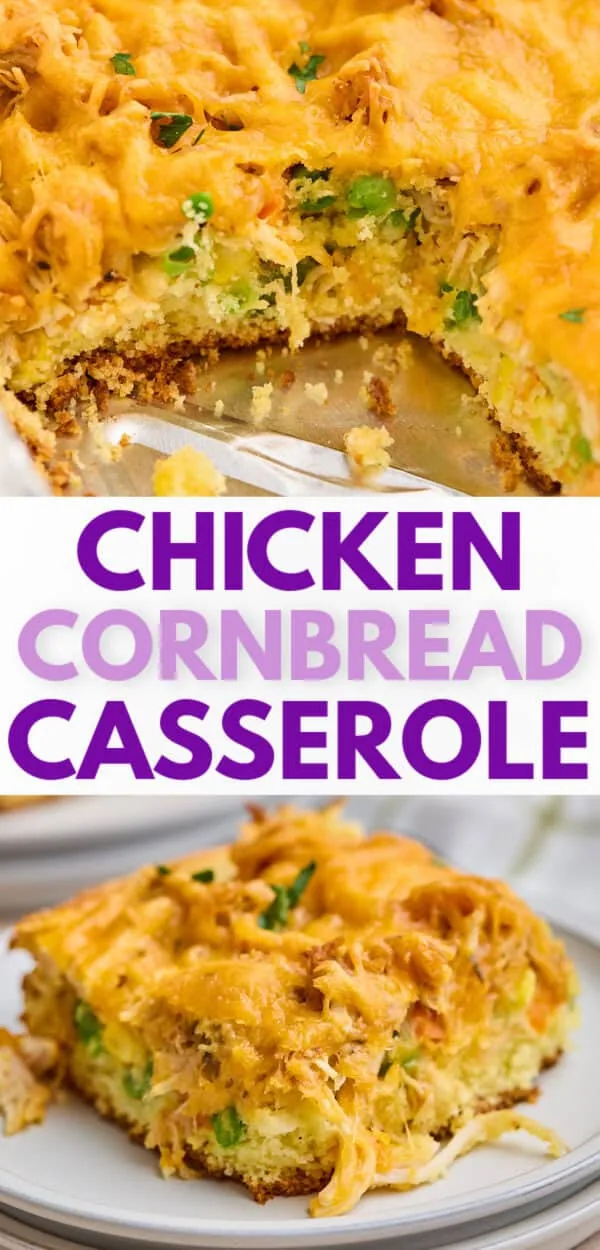 Collage showing two photos of chicken cornbread casserole.