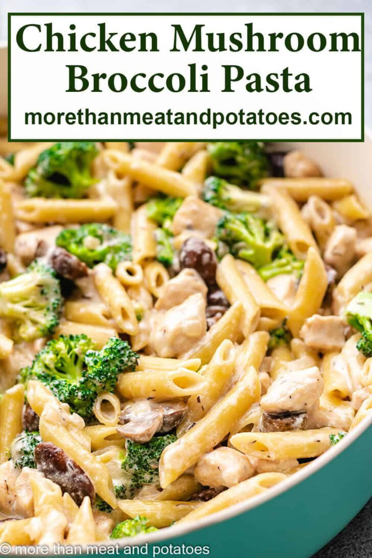 Close up view of a pan of chicken mushroom broccoli pasta.