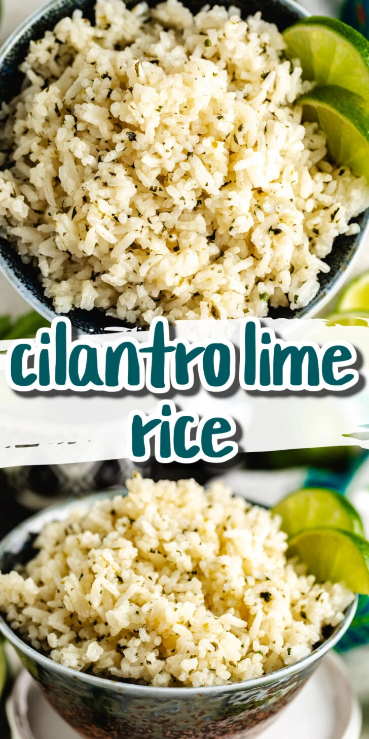 Collage showing two photos of cilantro lime rice.