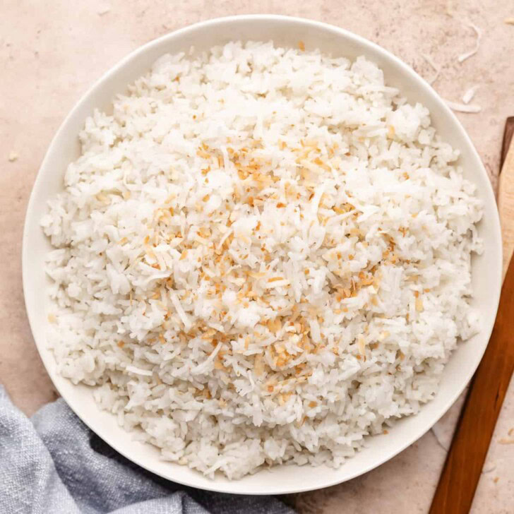 Overhead view of coconut jasmine rice in a serving dish.