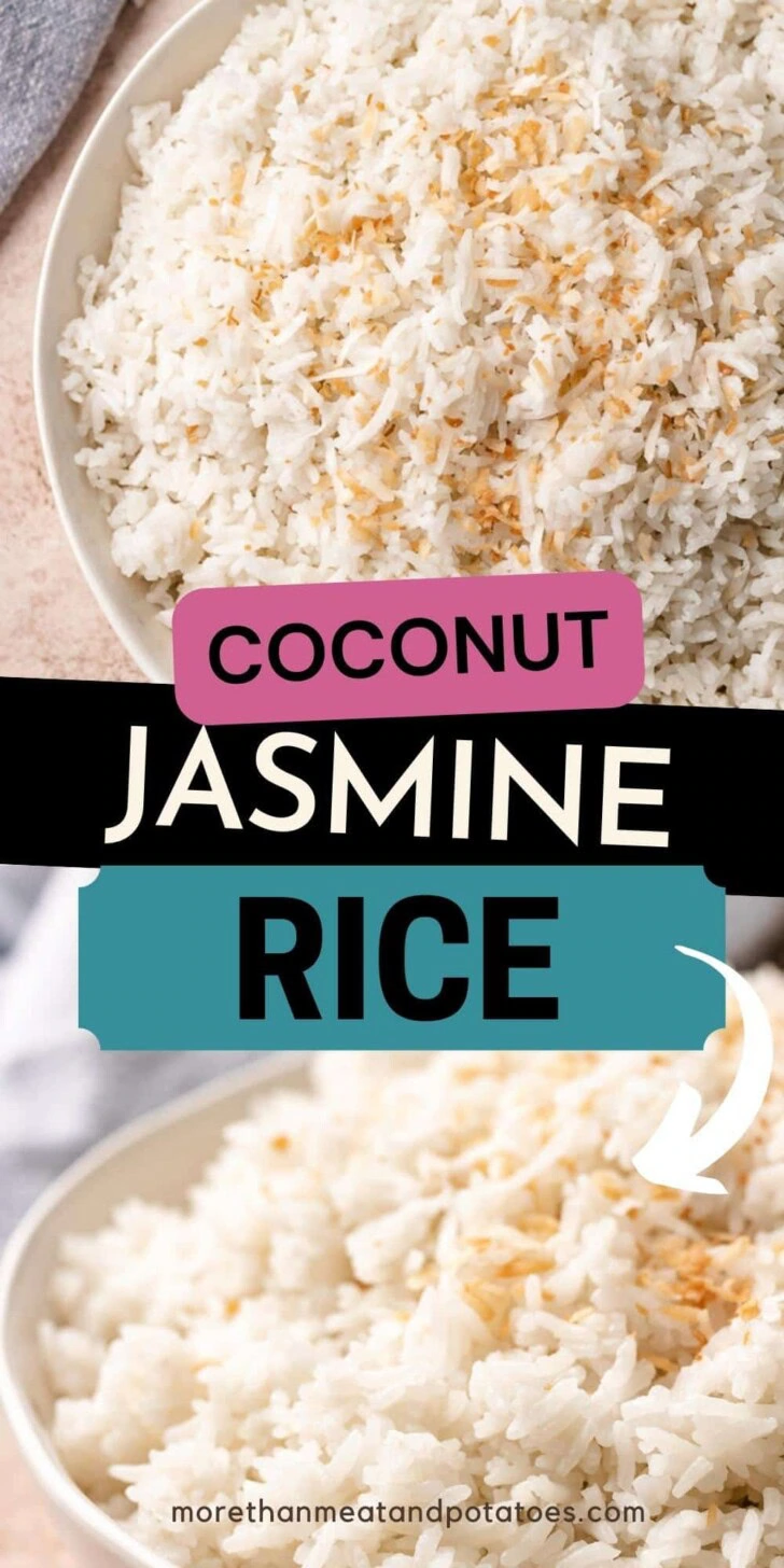 Collage showing two photos of coconut jasmine rice.