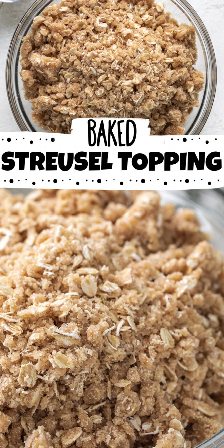 Collage showing two photos of crumb topping with oats.