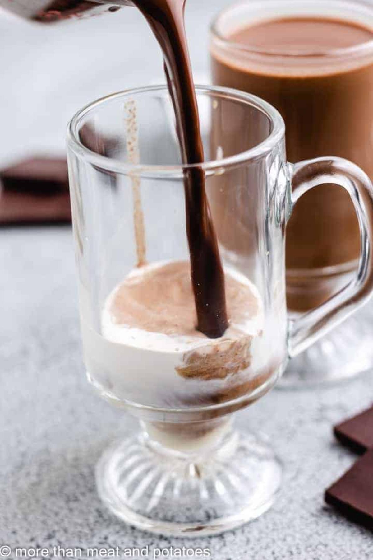 Chocolatey coffee poured into a mug.