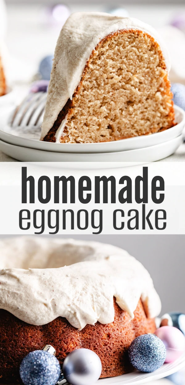 Collage showing two photos of eggnog cake.