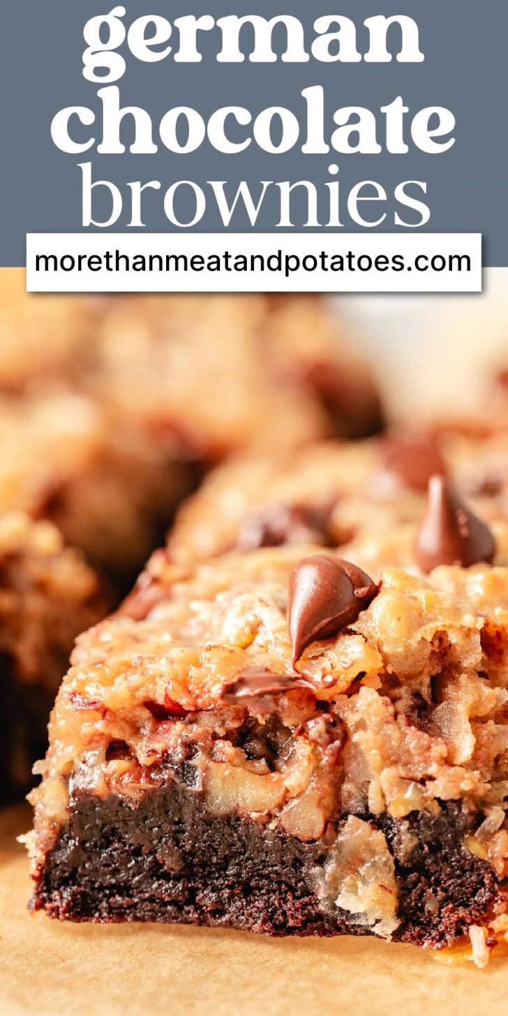 Gooey german chocolate brownies on parchment.