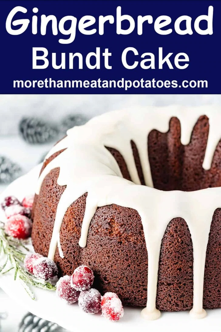 Gingerbread bundt cake on a white cake stand.