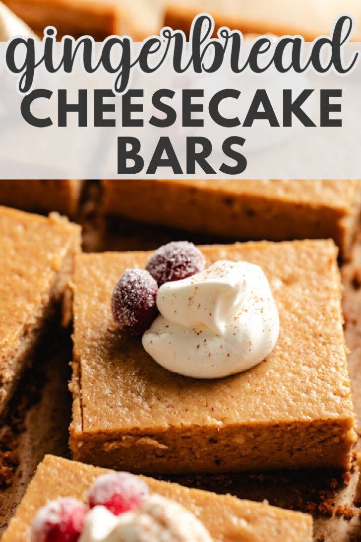 Gingerbread cheesecake bars topped with whipped cream and cranberries.