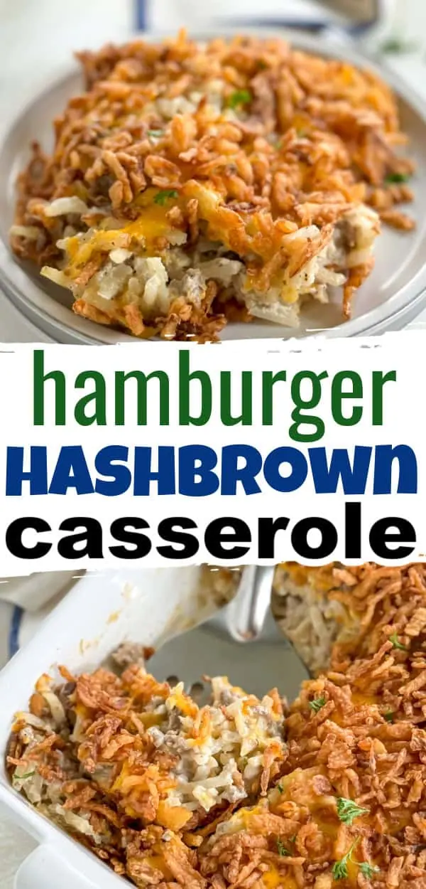 Collage showing two photos of hamburger casserole topped with hash browns.