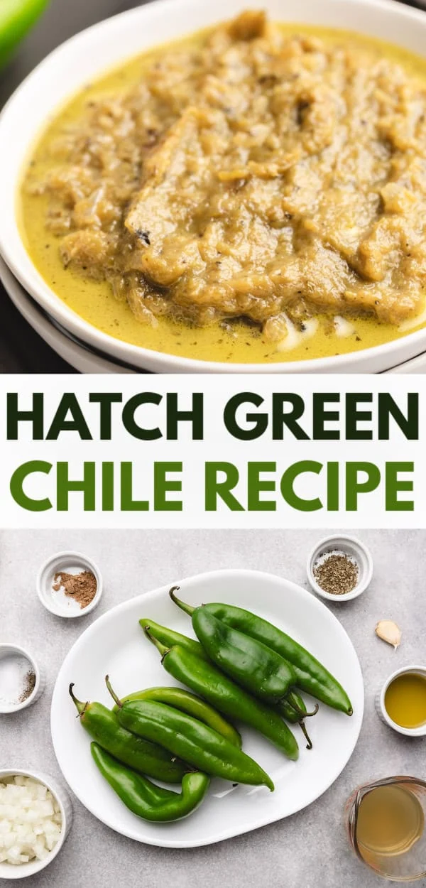 Collage showing two photos of hatch green chile sauce and its ingredients.