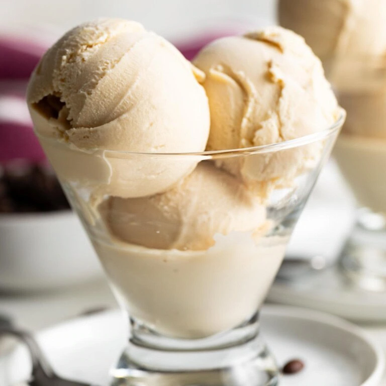 Close up view of scoops of Kahlua ice cream in a serving glass.