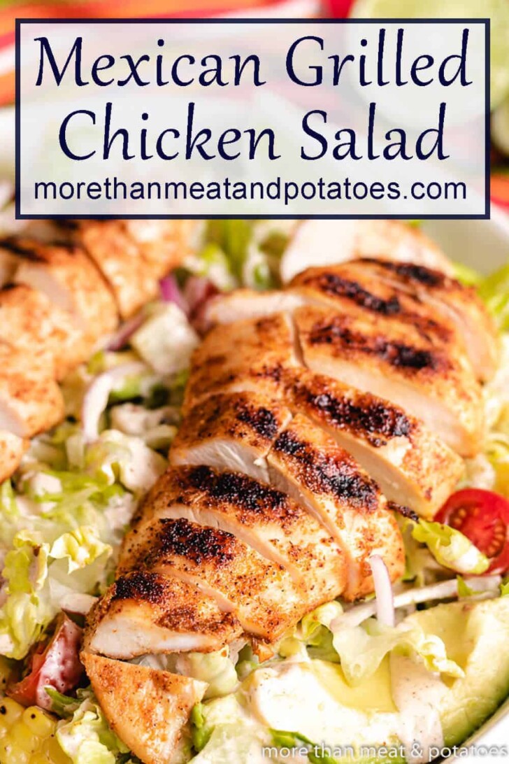 Close up view of a mexican grilled chicken salad in a large bowl.
