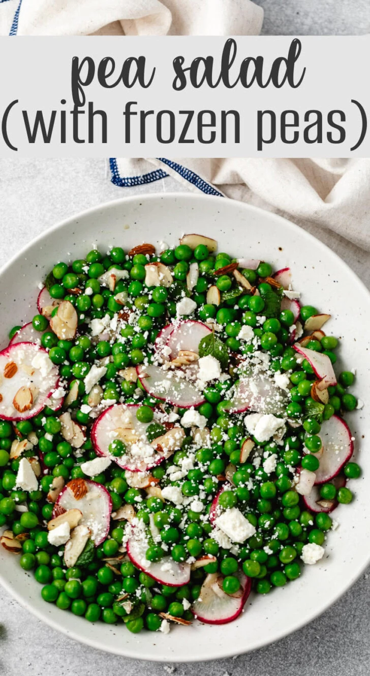 Overhead view of a pea salad with mint and radishes.