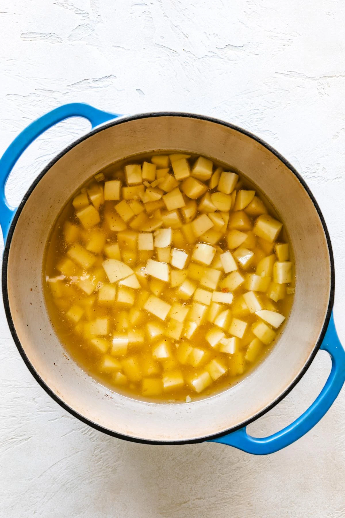 Diced potatoes and broth in a Dutch oven.