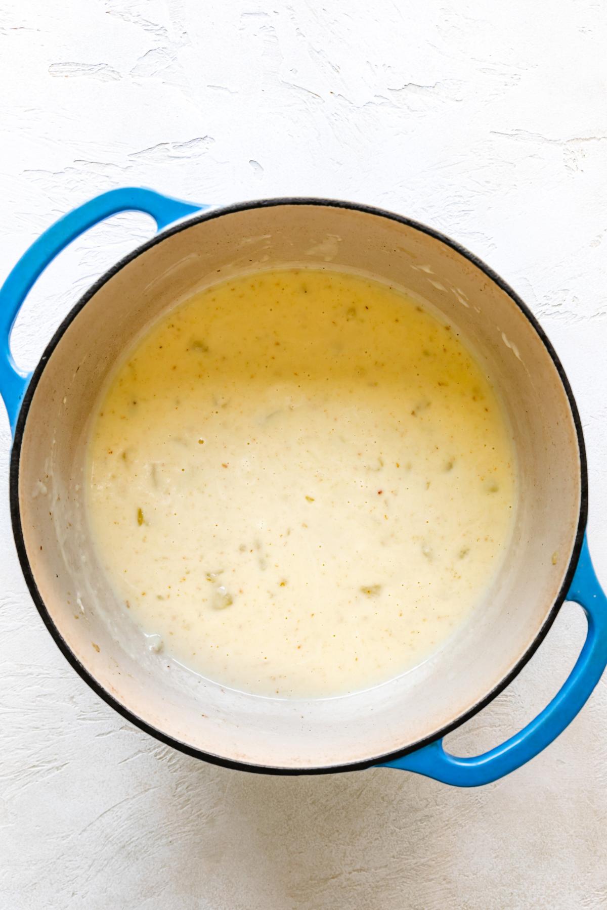 Potato soup in a Dutch oven.