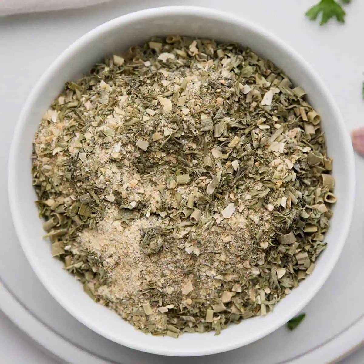 Ranch dressing mix in white bowl.