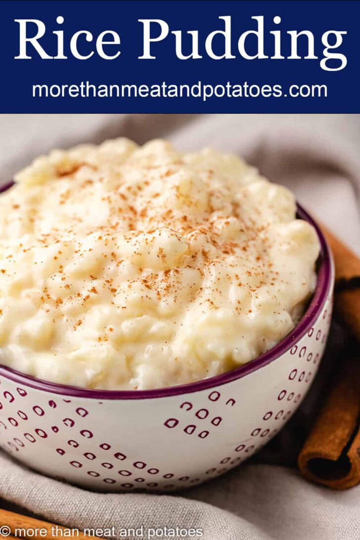 Purple and white bowl filled with creamy rice pudding.