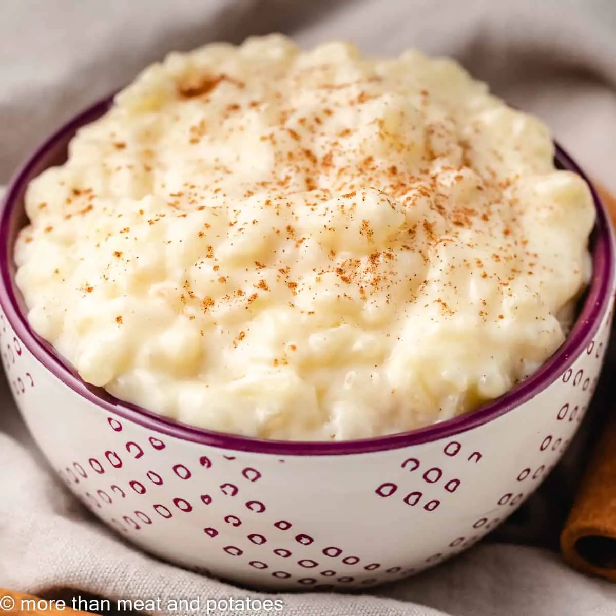 Creamy rice pudding sprinkled with cinnamon.