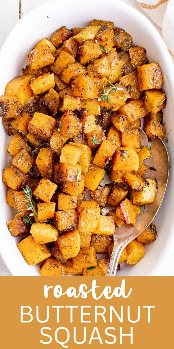 Overhead view of a platter of roasted butternut squash.
