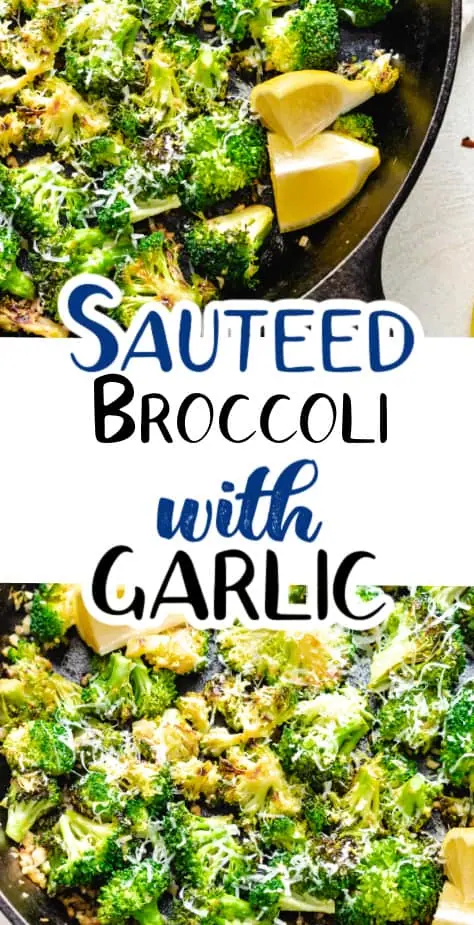 Collage showing two photos of sauteed broccoli in cast iron.