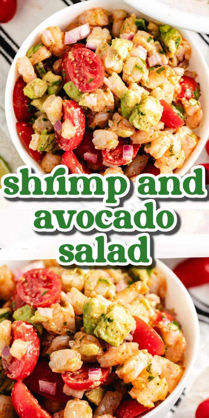 Collage showing two photos of shrimp and avocado salad.