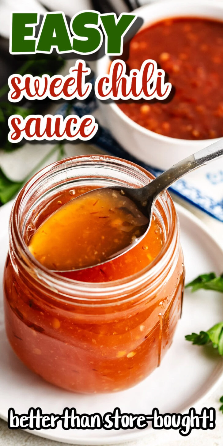 Spoon holding up sweet chili sauce from a jar.