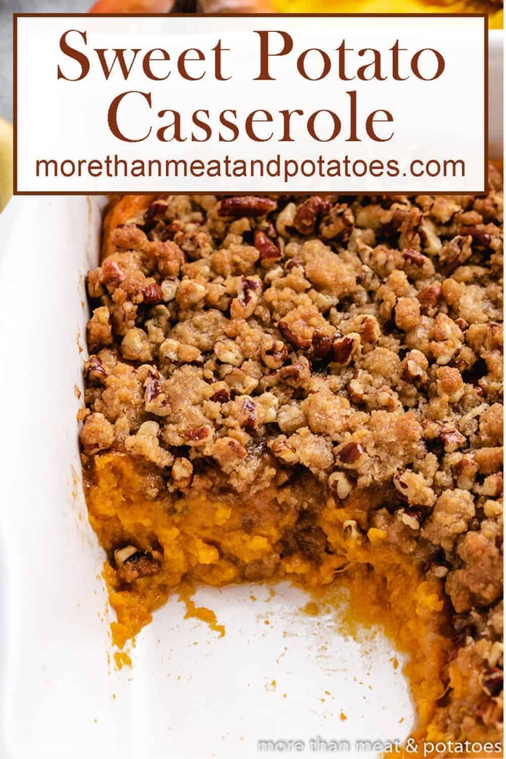 Sweet potato casserole in a white baking dish.