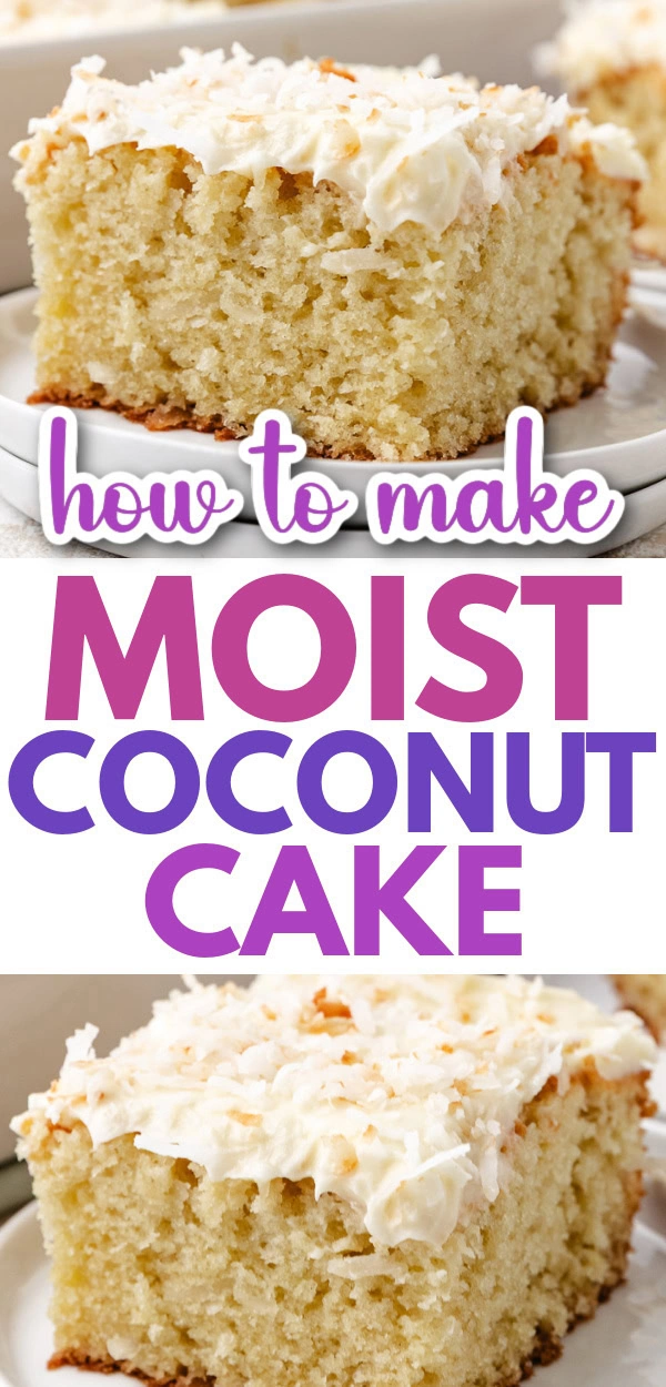 Collage showing two photos of coconut cake.