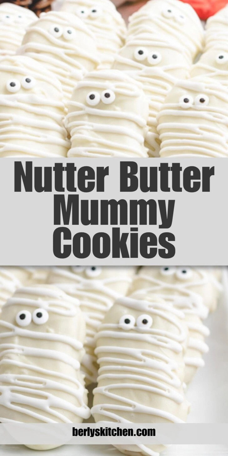 Collage showing two photos of mummy cookies.