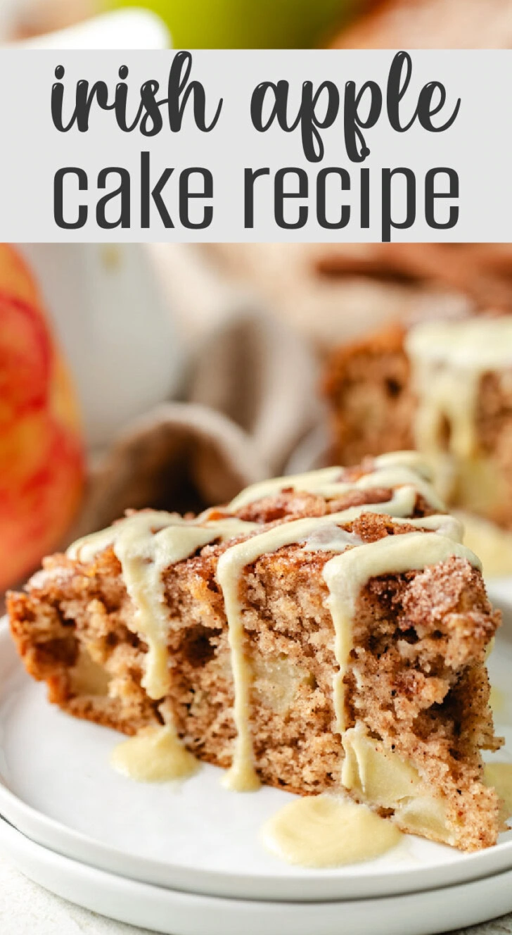 A slice of Irish apple cake drizzled with vanilla sauce, with the recipe title overlaid at the top.